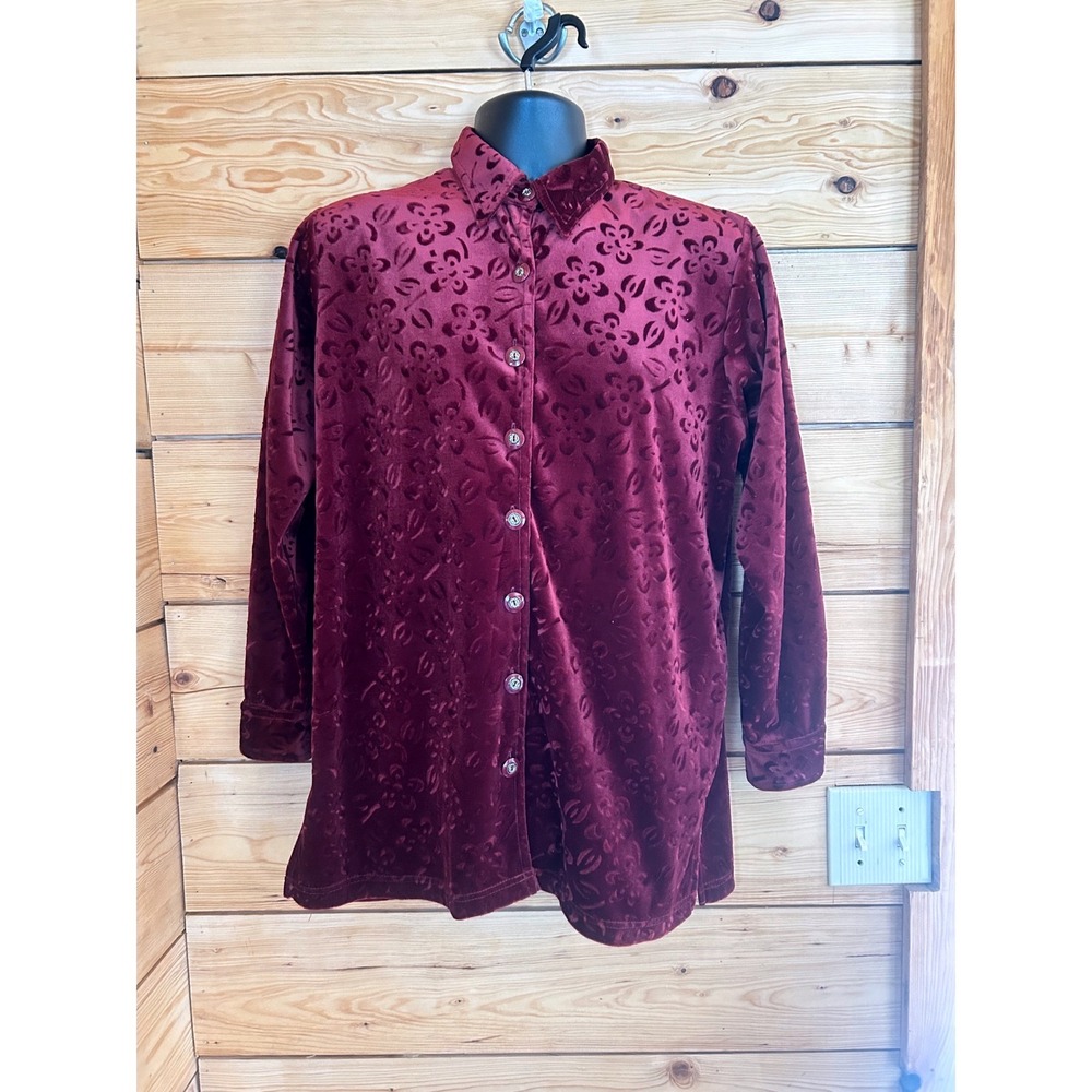 Vintage Velvet Burnout Shirt Mens Large Burgundy Floral Button Down Hamells Luxe